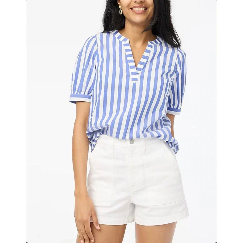 J.CREW Poplin Striped Short-Sleeve Top XXS Blue White Puff Sleeve NWT B30
